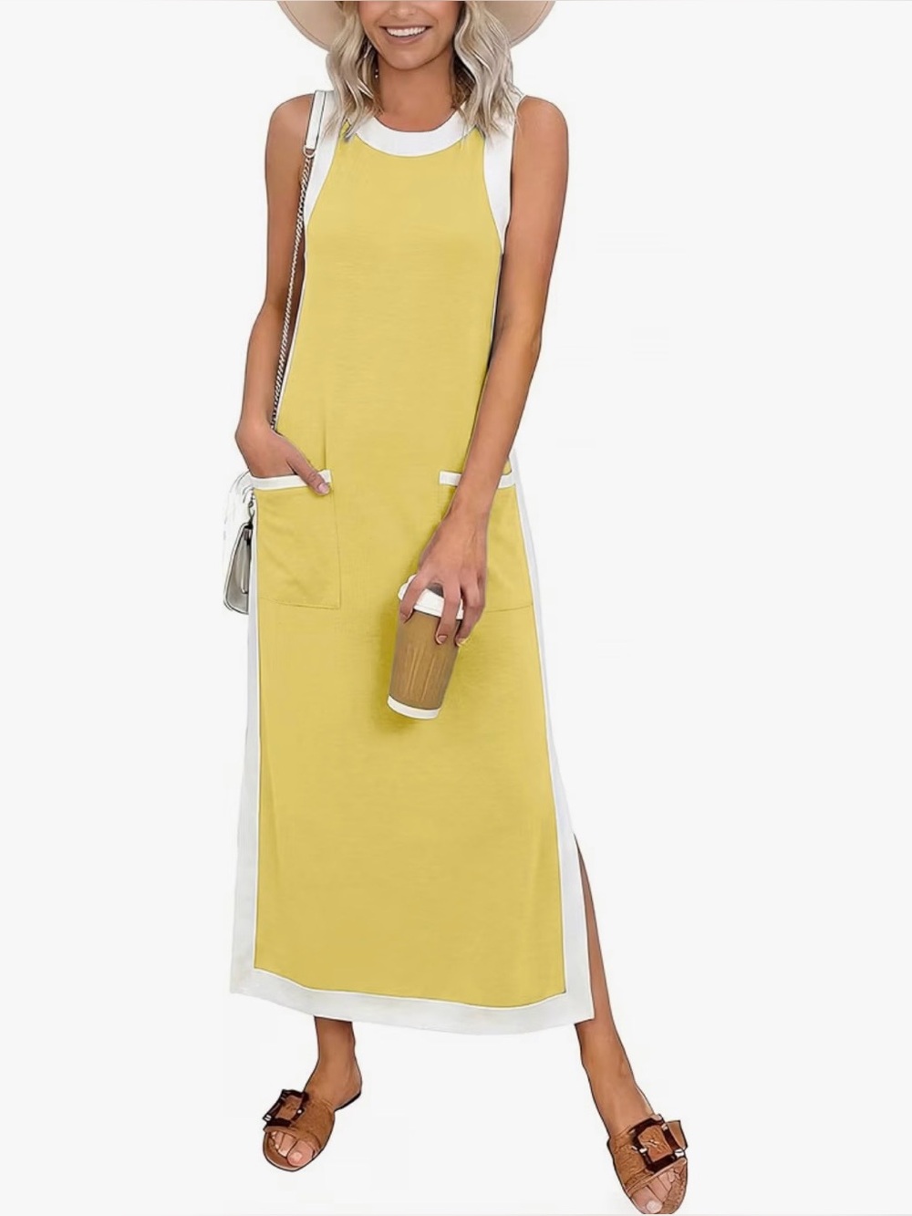 Sleeveless Yellow Contrast-Trim Maxi Swim Cover-Up Dress